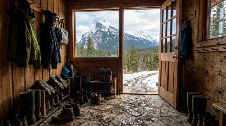 A dirty mud room with a picture of Rundle range edited into the background