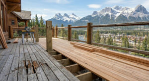 A deck being repaired with Canmore in the background