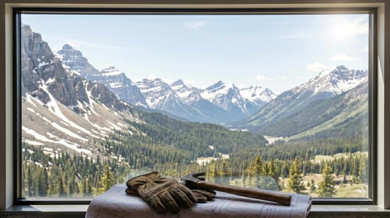 A spring mountain scene through a window, with prints, gloves and a hammer resting on the ledge.