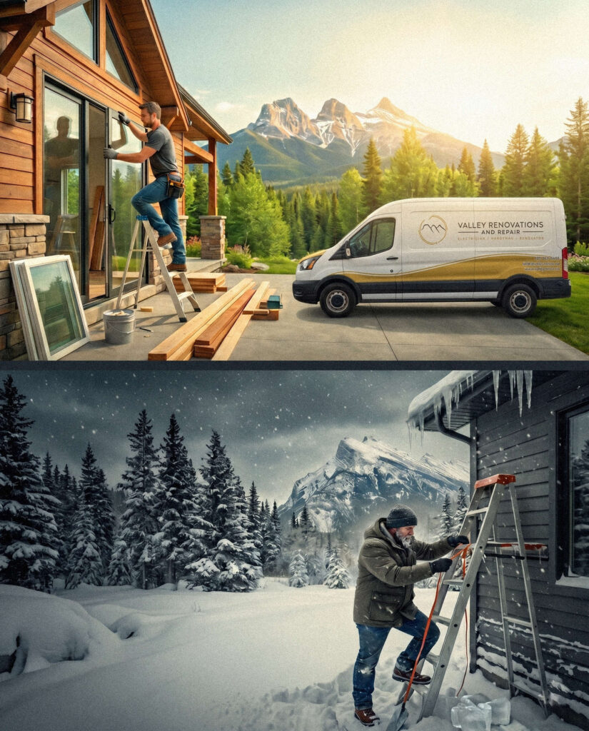 A man working in the summer next to his work van with the Three Sisters Mountains in the background, in the next panel a man is working outside in the cold with rundle mountain in the background.